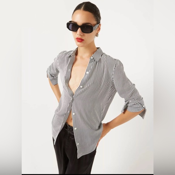 Equipment Tops - EQUIPMENT FEMME Essential Silk Shirt Bright White/True Black Striped  Size XS